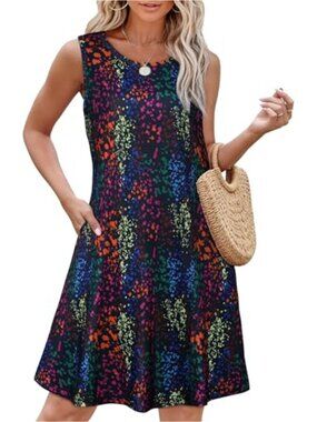 Women's Casual A-Line Cotton Sun Dress with Pockets Sleeveless Floral Boho